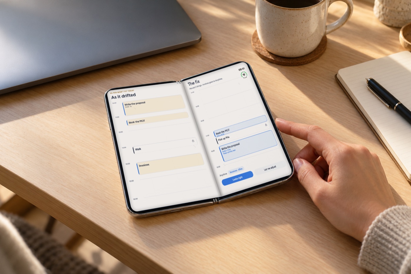 The iPhone Duo open on a desk, showing Yoodoo's day as it drifted next to the fixed day