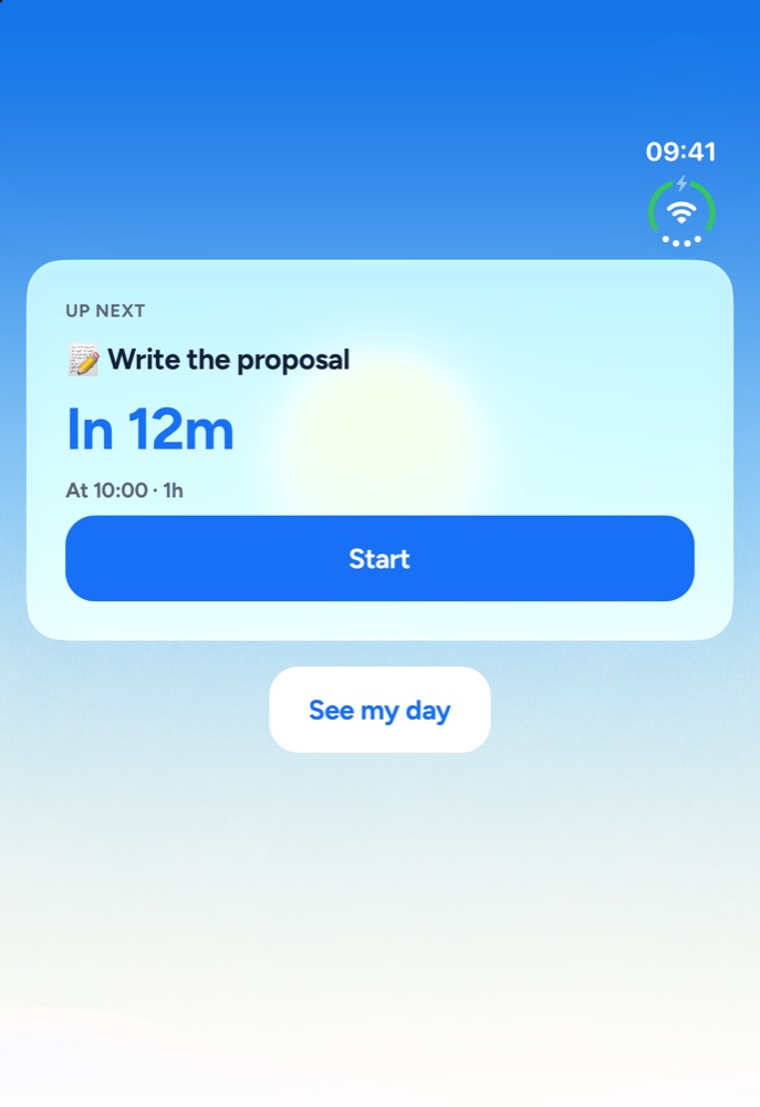Yoodoo folded shut on iPhone Duo: the outer screen shows Up next, Write the proposal in 12 minutes, with Start