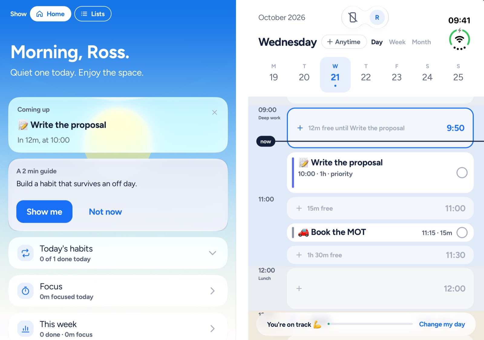 Yoodoo open flat on iPhone Duo: the homepage on the left with what's coming up, the day's timeline on the right