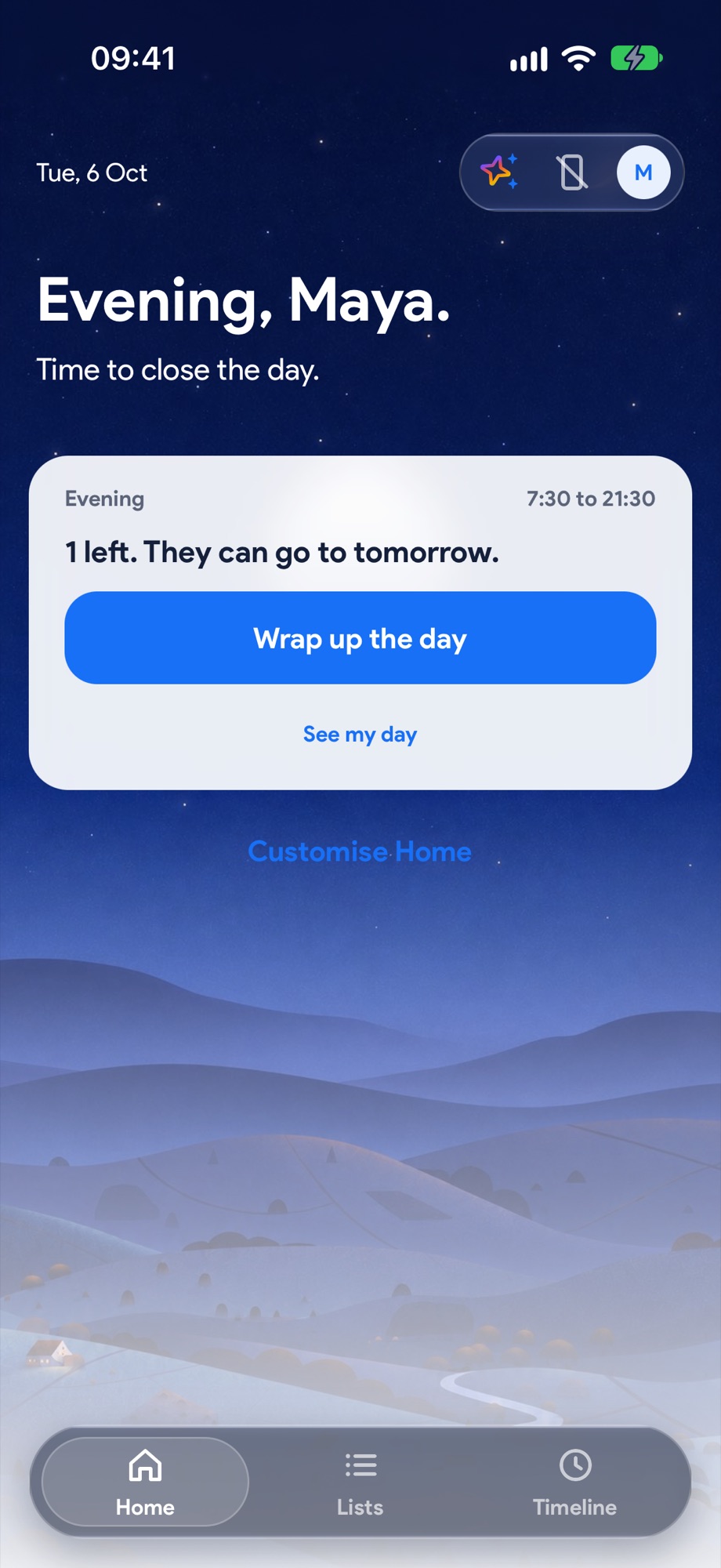 The homepage at night, under the night sky