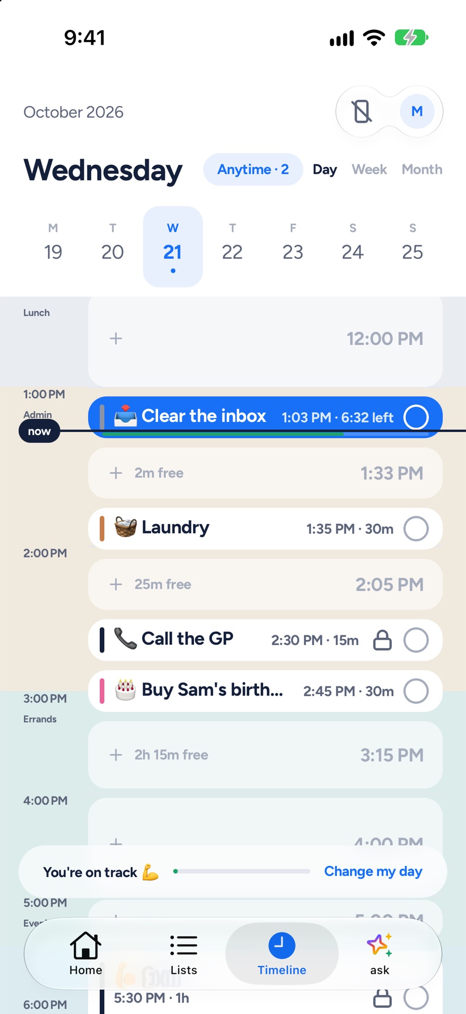 The Timeline: an hour looks like an hour, the current task in blue
