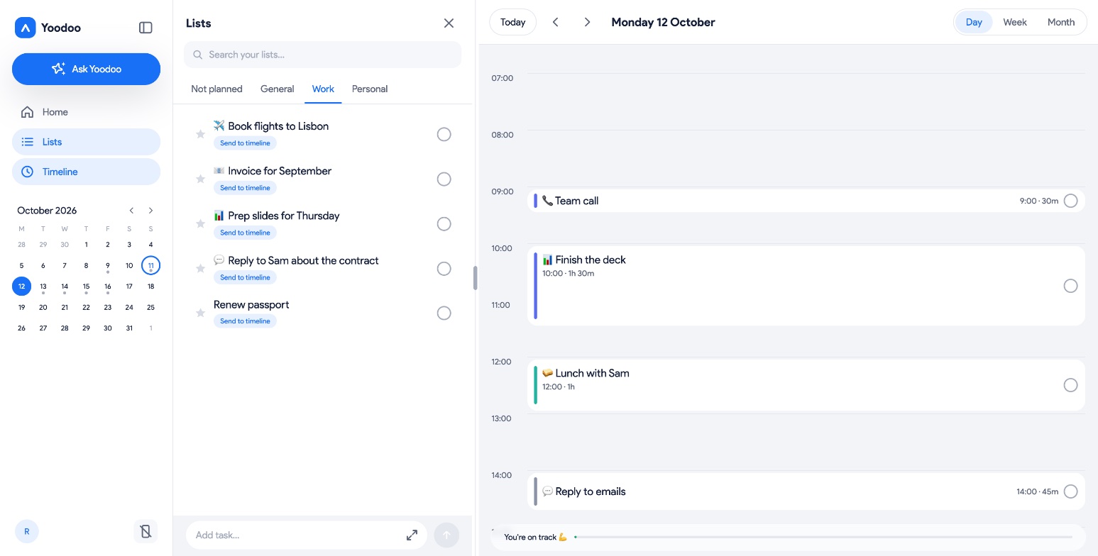 The Day view for Monday: Team call, Finish the deck, Lunch with Sam and Reply to emails, each drawn to its length