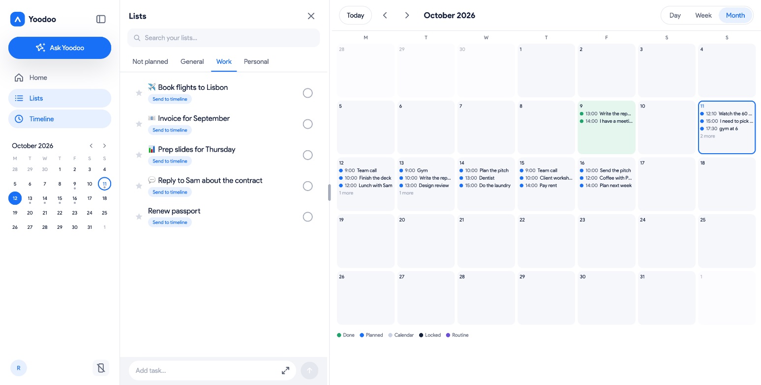 The Month view: each day with its first few things, and the week ahead filled in