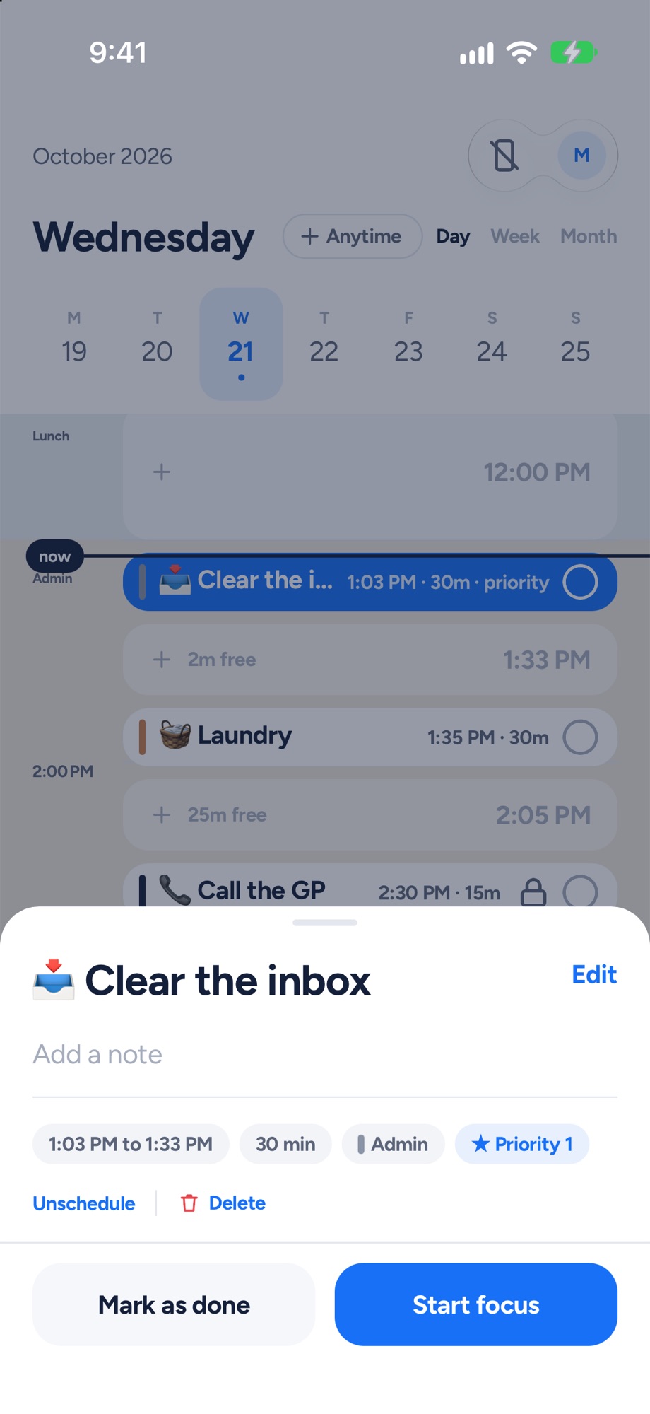 A task's sheet with Start focus