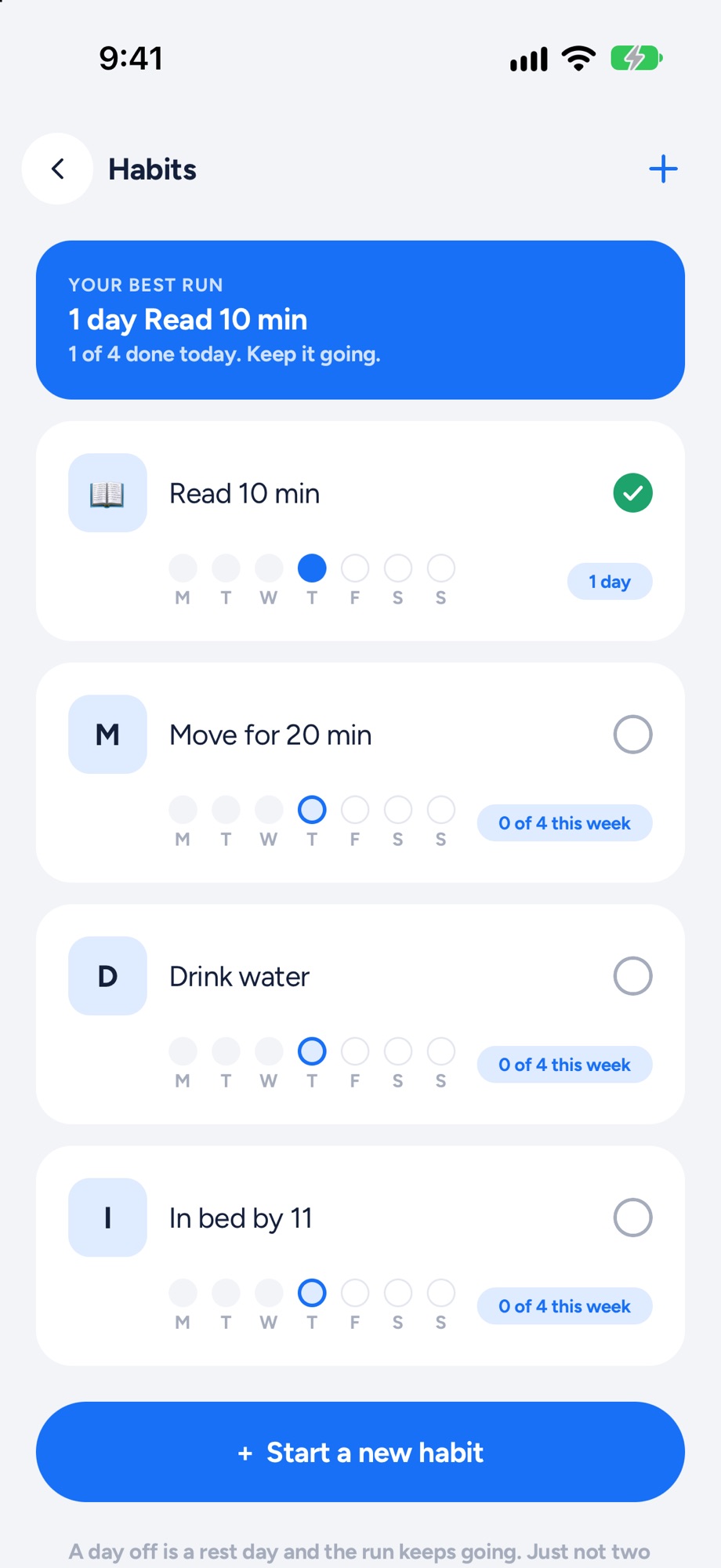 Your habits, each with its run as dots