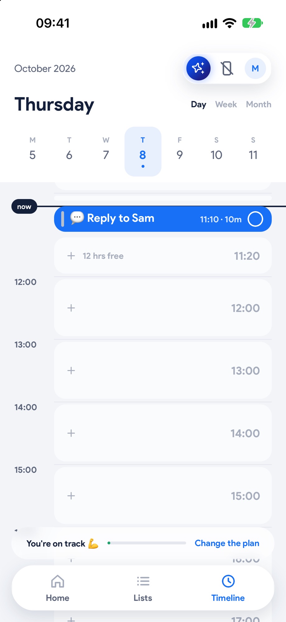 Today's Timeline, empty: every free hour a blank block to fill